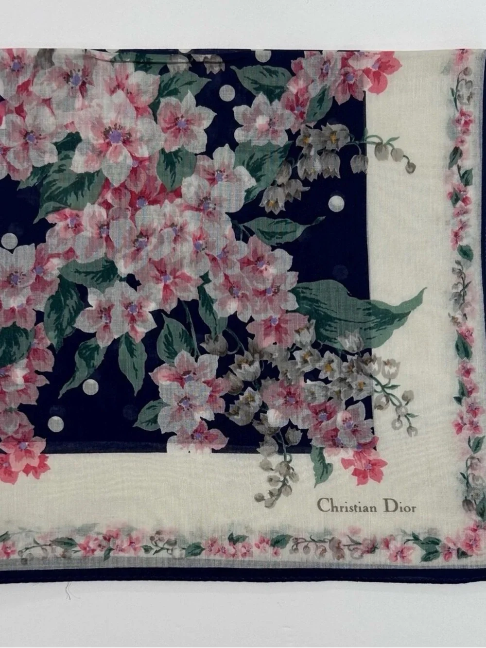 WOMEN HANDKERCHIEF CHRISTIAN DIOR Floral Blue Polka Dot Bandana Scarf COTTON 18”